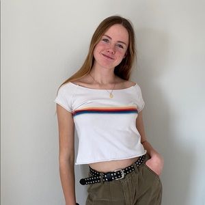 Off the shoulder tee with rainbow stripe